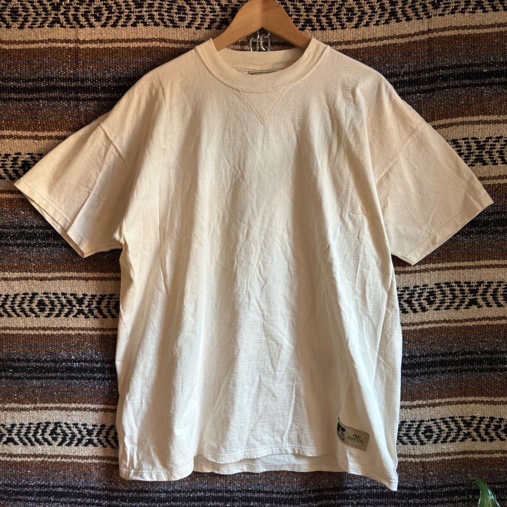 Vintage Russell Athletic Pro Cotton T Shirt Mens Large Cream Off White 90s USA